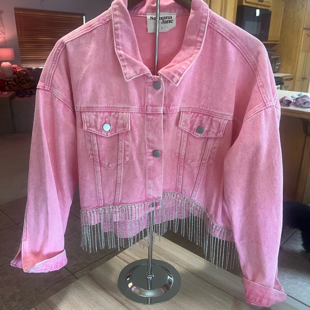 Savanna Jane Vibrant Pink Rhinestone Fringe Jean Jacket